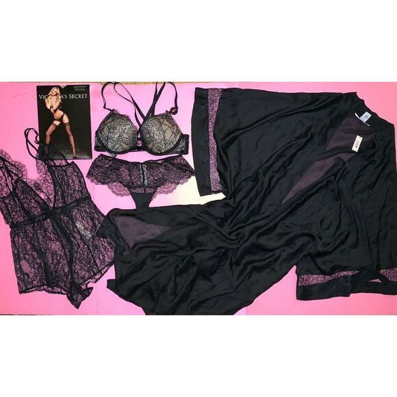Victoria's Secret 32A BOMBSHELL BRA SET+XS ROMPER Teddy+kimono ROBE BLACK lace